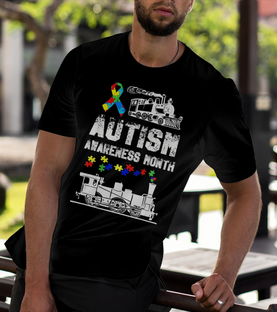 Autism Awareness Month Puzzle Ribbon Steam Train T-Shirt
