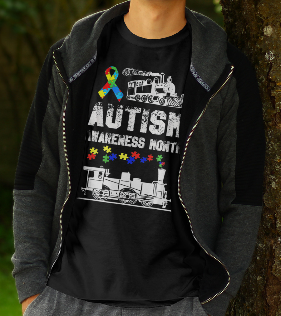 Autism Awareness Month Puzzle Ribbon Steam Train T-Shirt