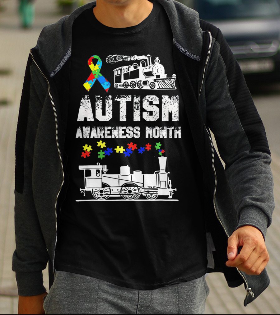 Autism Awareness Month Puzzle Ribbon Steam Train T-Shirt