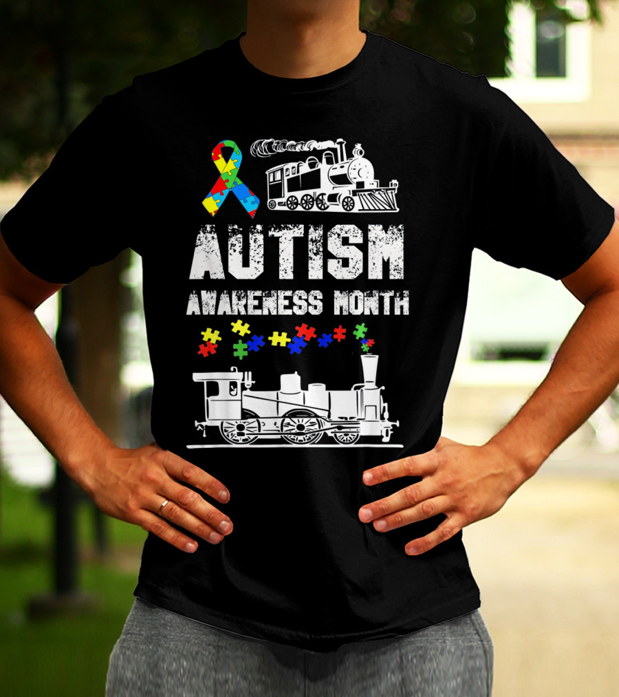 Autism Awareness Month Puzzle Ribbon Steam Train T-Shirt