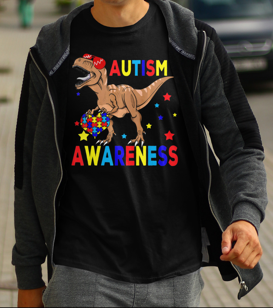 Cool Rex Dino Autism Awareness Puzzle Heart And Stars T-Shirt