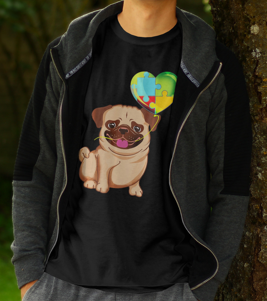 Autism Awareness Pug Puppy Heart Puzzle Balloon T-Shirt