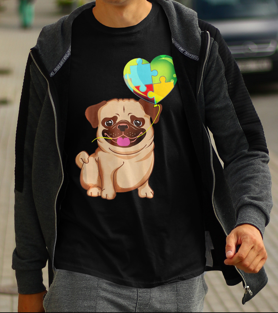 Autism Awareness Pug Puppy Heart Puzzle Balloon T-Shirt