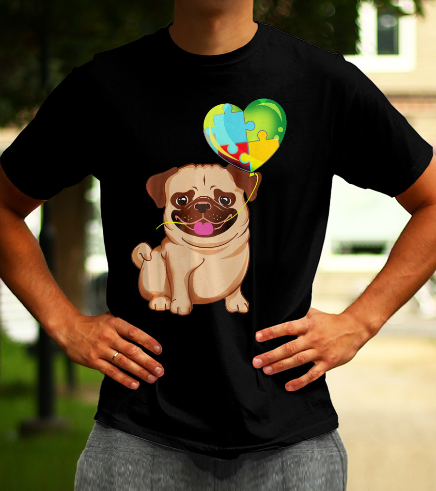 Autism Awareness Pug Puppy Heart Puzzle Balloon T-Shirt