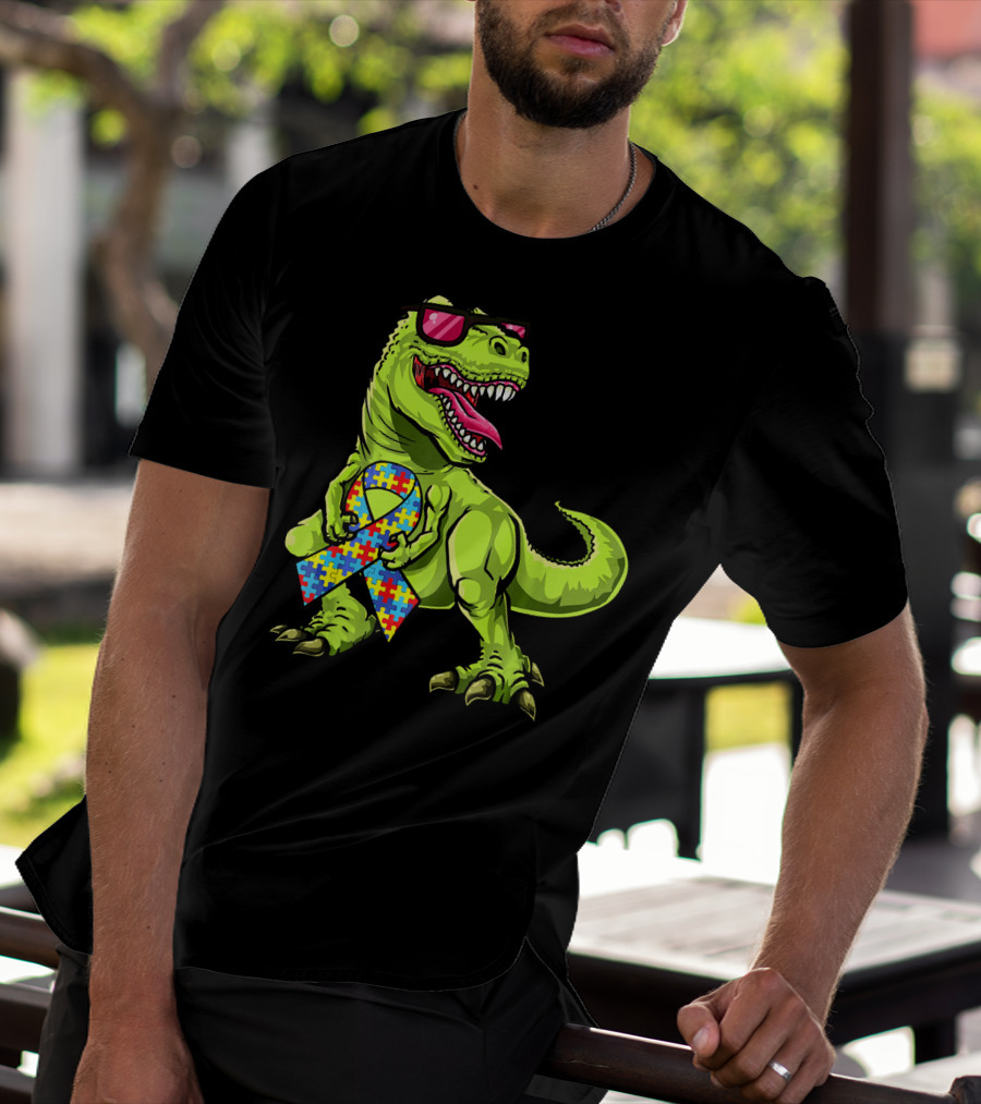 Dinosaur Rex With Autism Awareness Puzzle Ribbon And Sunglasses T-Shirt