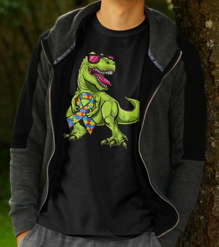 Dinosaur Rex With Autism Awareness Puzzle Ribbon And Sunglasses T-Shirt