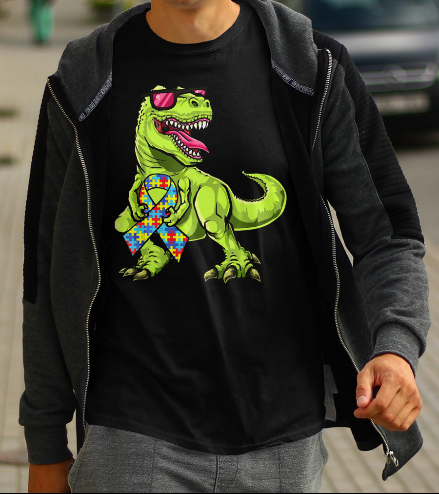 Dinosaur Rex With Autism Awareness Puzzle Ribbon And Sunglasses T-Shirt