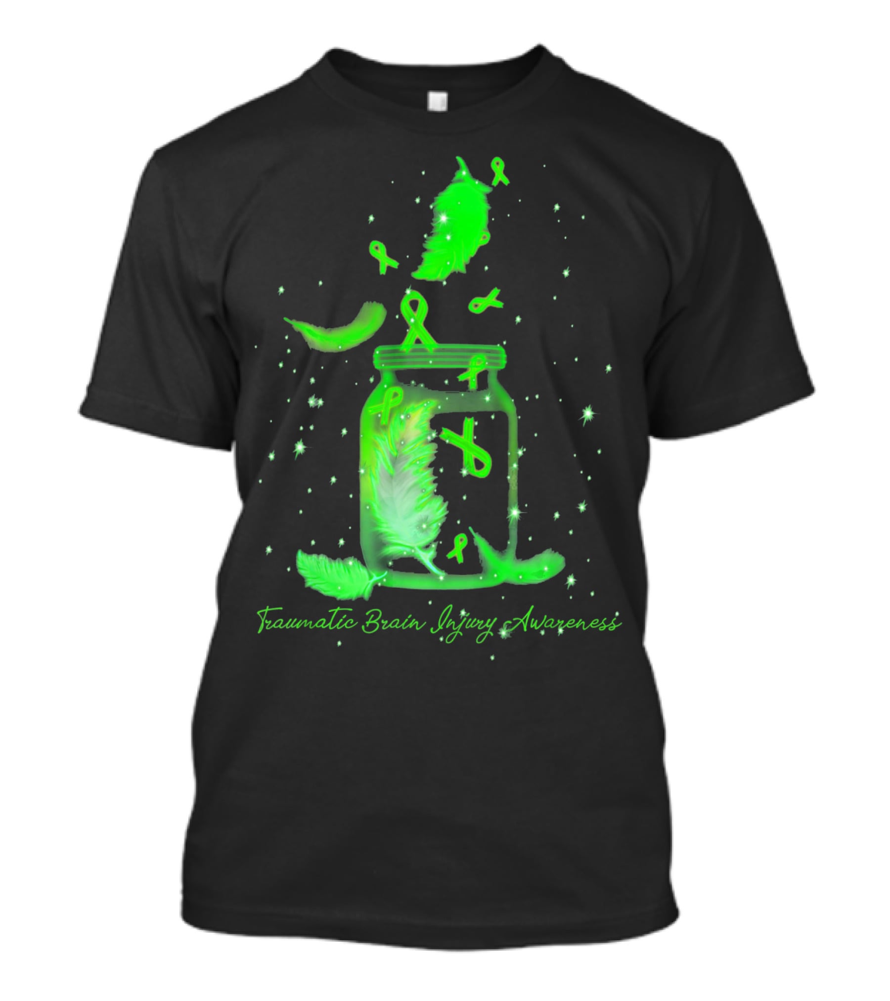 Traumatic Brain Injury Awareness Dream Jar With Green Ribbons And Feathers T-Shirt