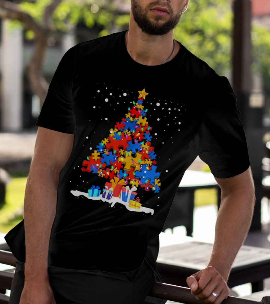 Autism Puzzle Pieces Christmas Tree With Presents Snowflakes T-Shirt