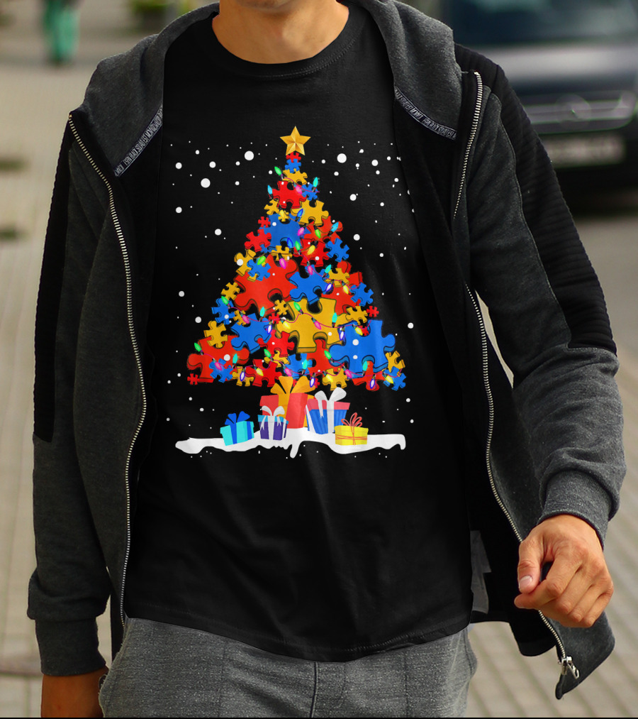 Autism Puzzle Pieces Christmas Tree With Presents Snowflakes T-Shirt