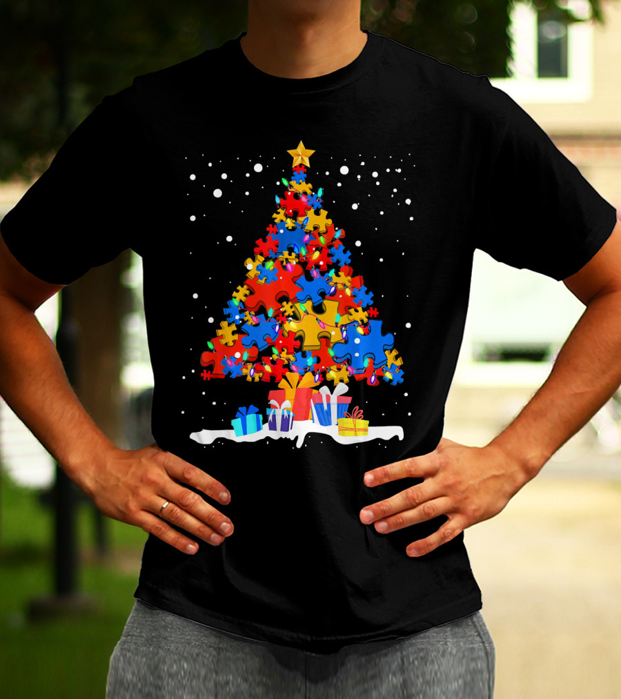 Autism Puzzle Pieces Christmas Tree With Presents Snowflakes T-Shirt