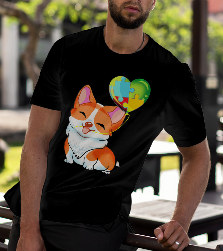 Autism Awareness Corgi Puppy With Heart Balloon Puzzle T-Shirt