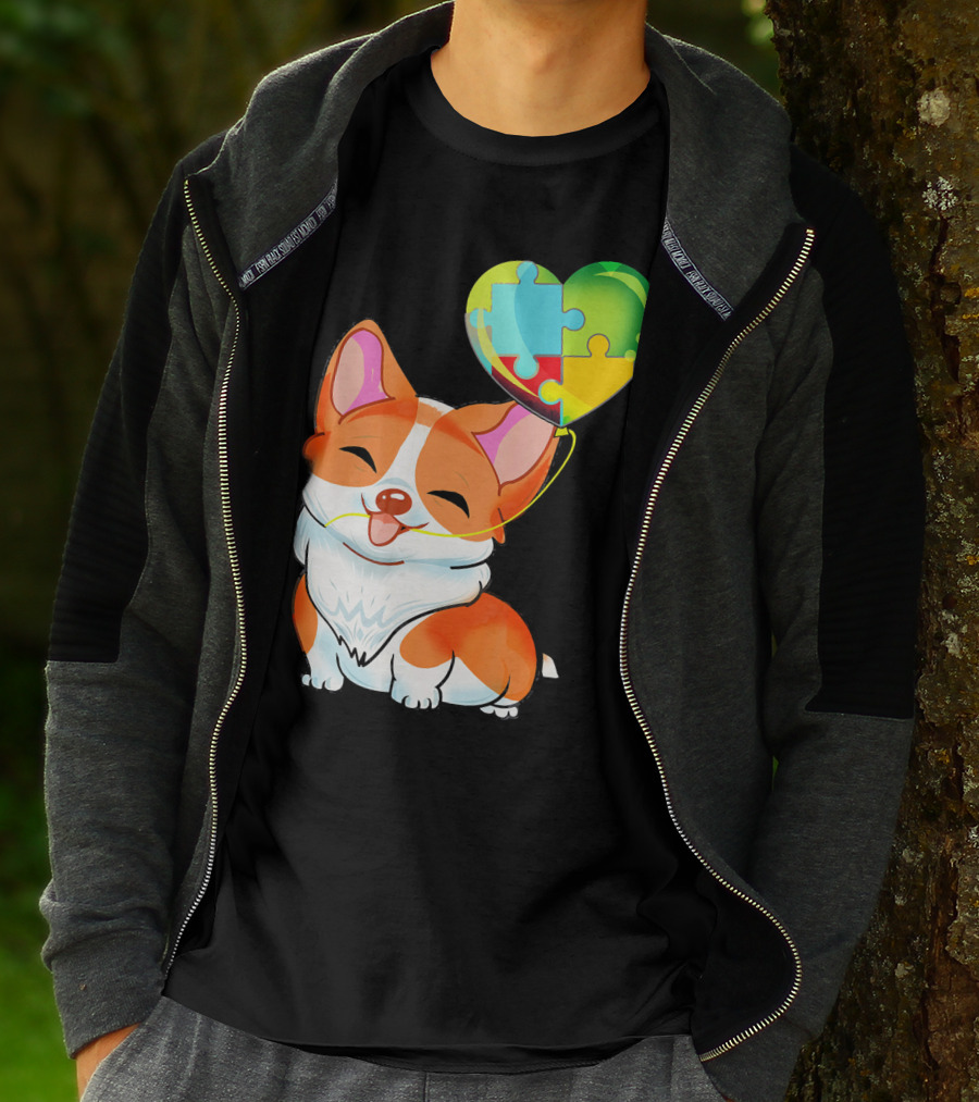 Autism Awareness Corgi Puppy With Heart Balloon Puzzle T-Shirt