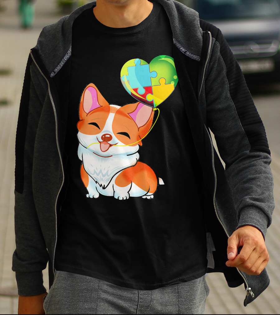Autism Awareness Corgi Puppy With Heart Balloon Puzzle T-Shirt