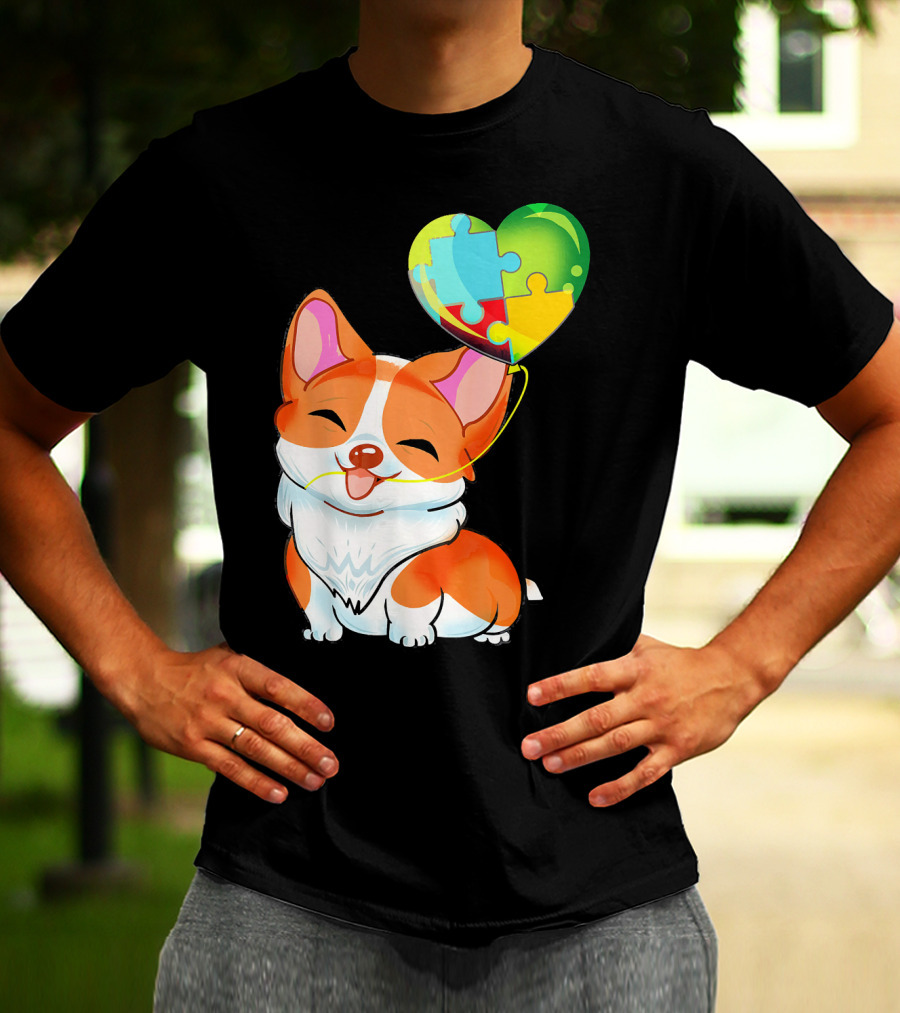 Autism Awareness Corgi Puppy With Heart Balloon Puzzle T-Shirt