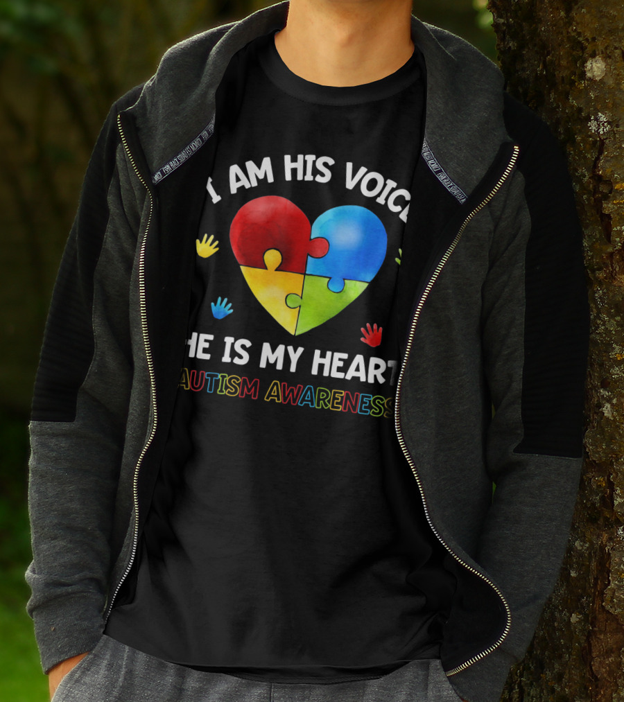 I Am His Voice He Is My Heart Autism Awareness Puzzle Heart And Colorful Handprints T-Shirt