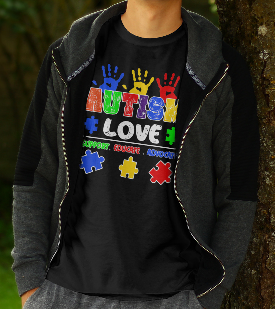 Autism Love Support Educate Advocate Puzzle Handprints T-Shirt