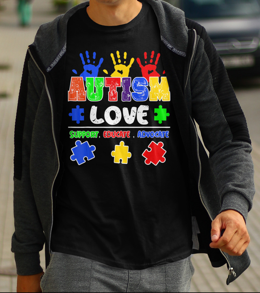 Autism Love Support Educate Advocate Puzzle Handprints T-Shirt