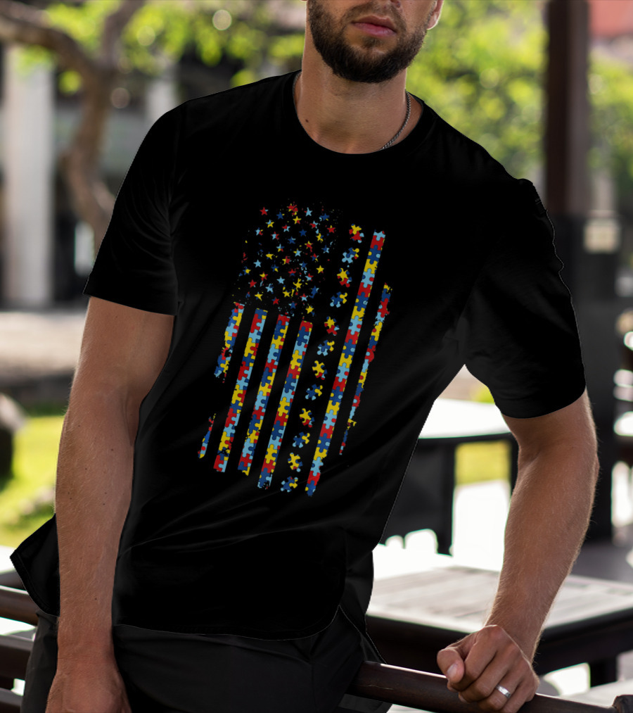 USA Flag Autism Awareness Puzzle T-Shirt