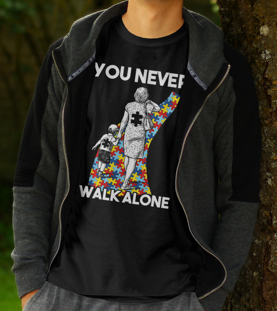 You Never Walk Alone Autism Puzzle Piece Path With Child And Parent T-Shirt