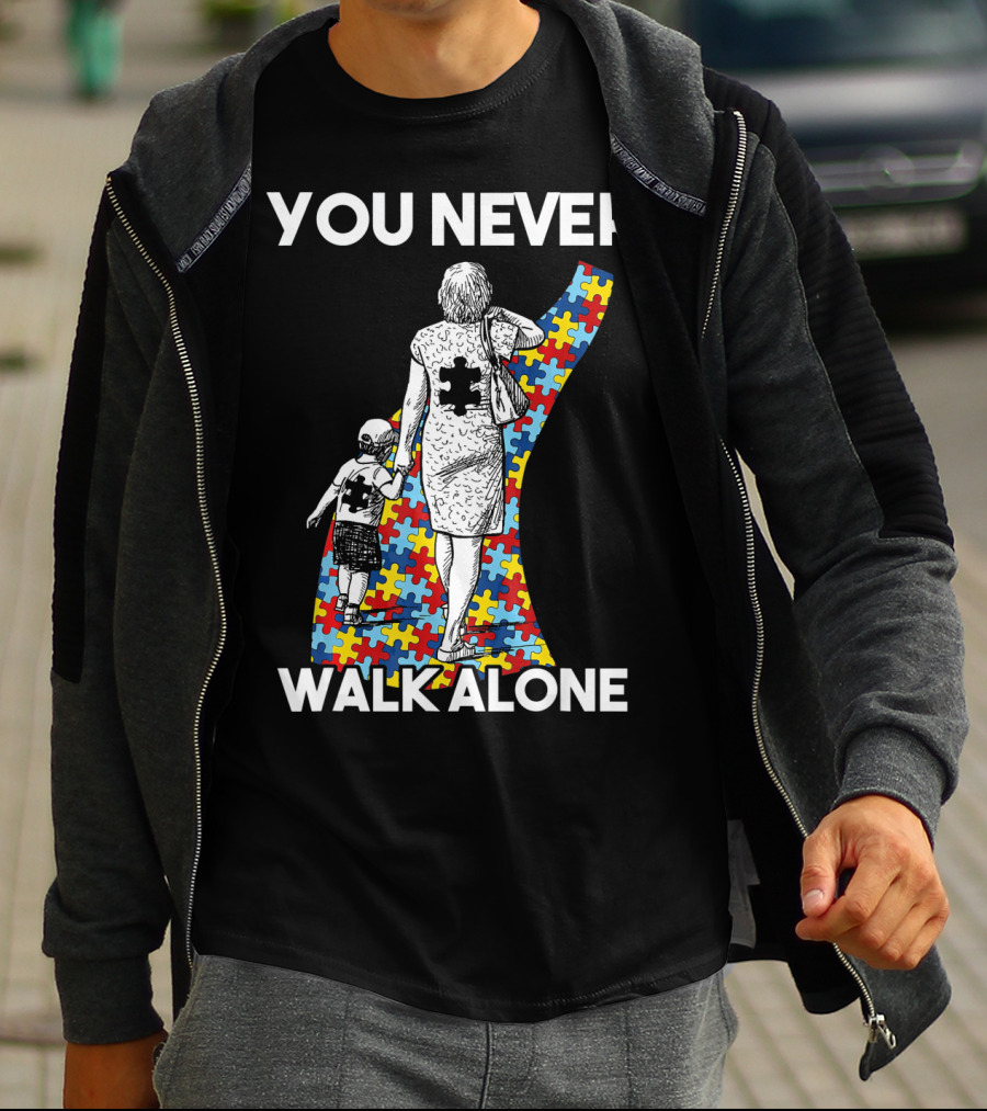 You Never Walk Alone Autism Puzzle Piece Path With Child And Parent T-Shirt