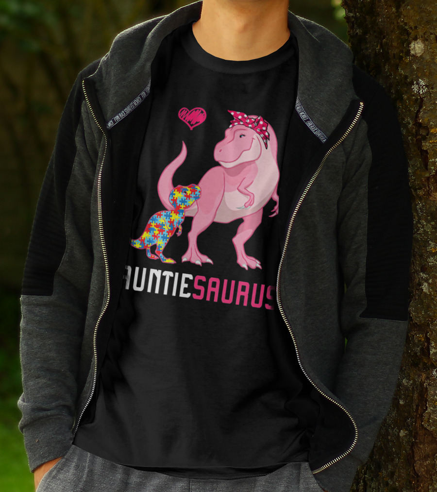 Auntiesaurus Dinosaur Puzzle Piece Heart Autism Awareness T-Shirt