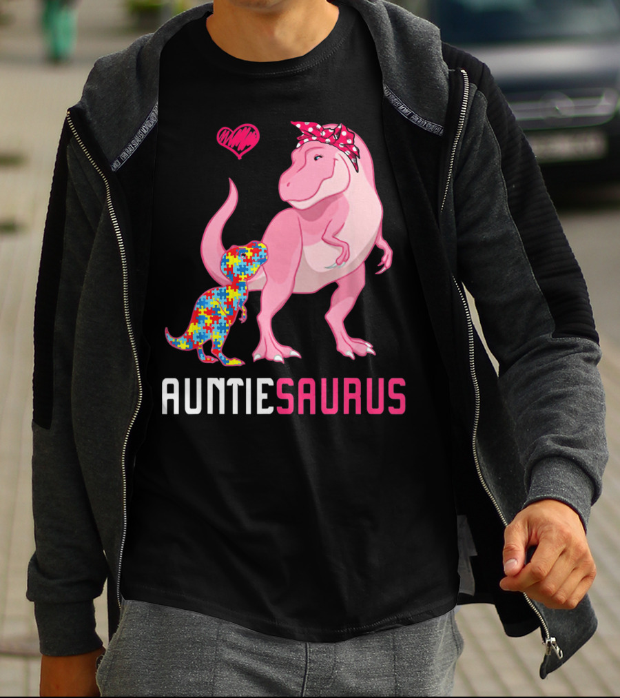 Auntiesaurus Dinosaur Puzzle Piece Heart Autism Awareness T-Shirt