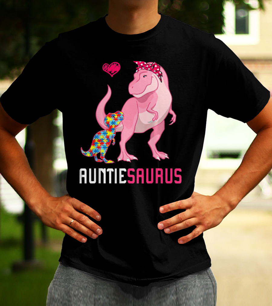 Auntiesaurus Dinosaur Puzzle Piece Heart Autism Awareness T-Shirt