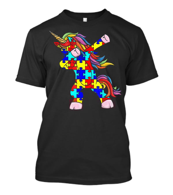 Autism Awareness Unicorn Dabbing Puzzle Pattern Rainbow Mane T-Shirt