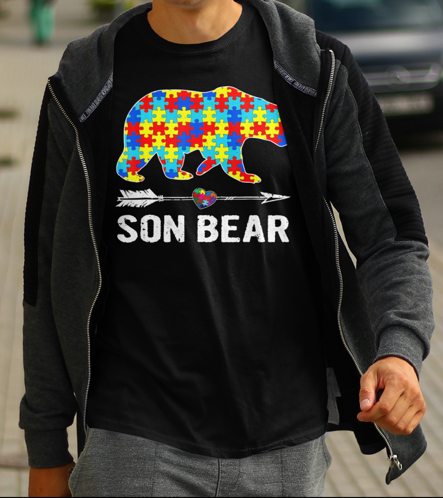 Son Bear Autism Awareness Puzzle Heart Arrow T-Shirt