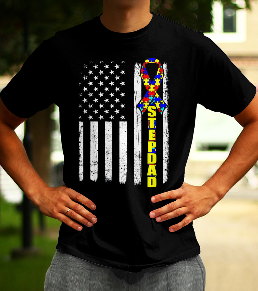 Stepdad Autism Awareness Puzzle Ribbon American Flag T-Shirt