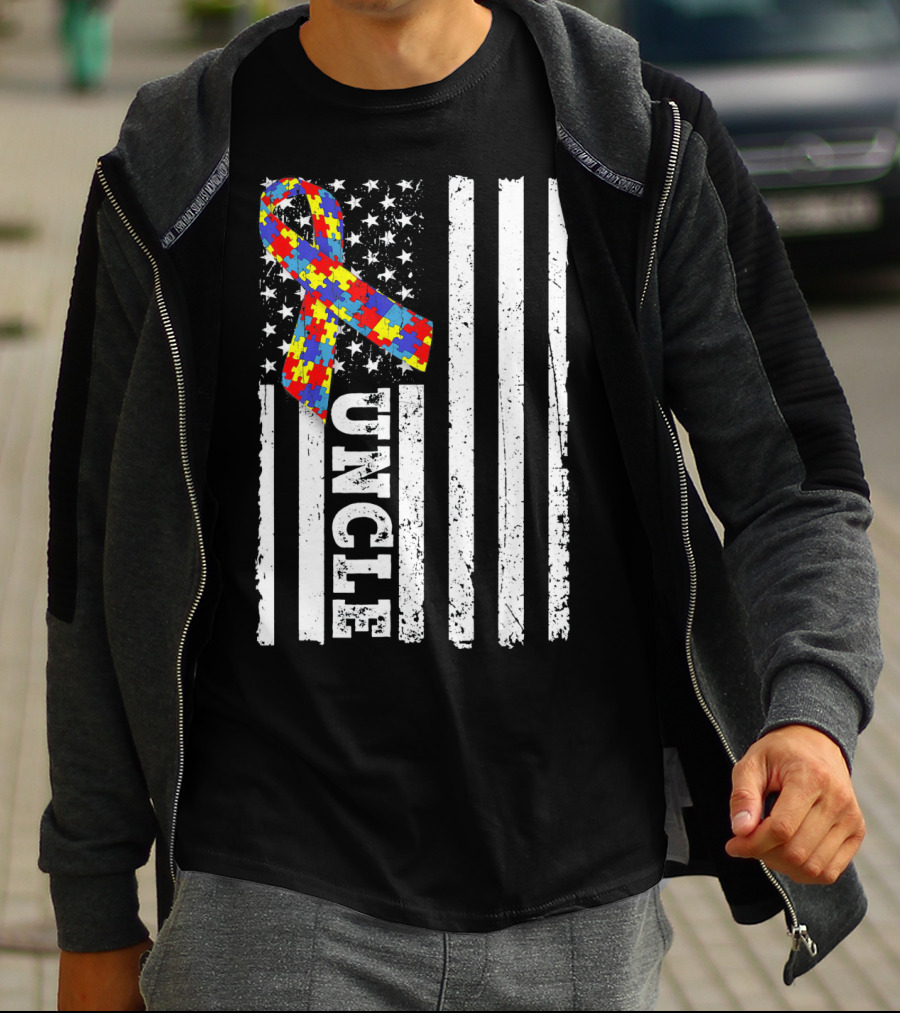 UNCLE Puzzle Ribbon American Flag Autism Awareness T-Shirt