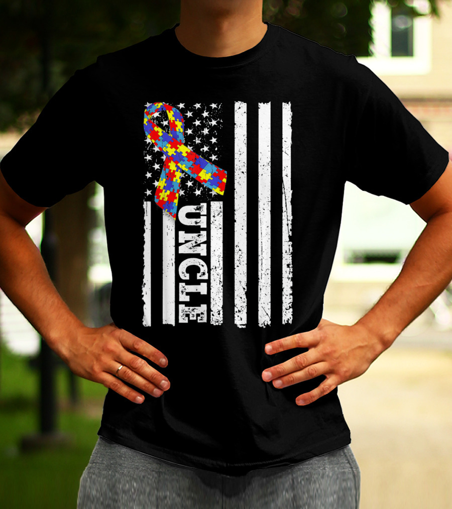 UNCLE Puzzle Ribbon American Flag Autism Awareness T-Shirt