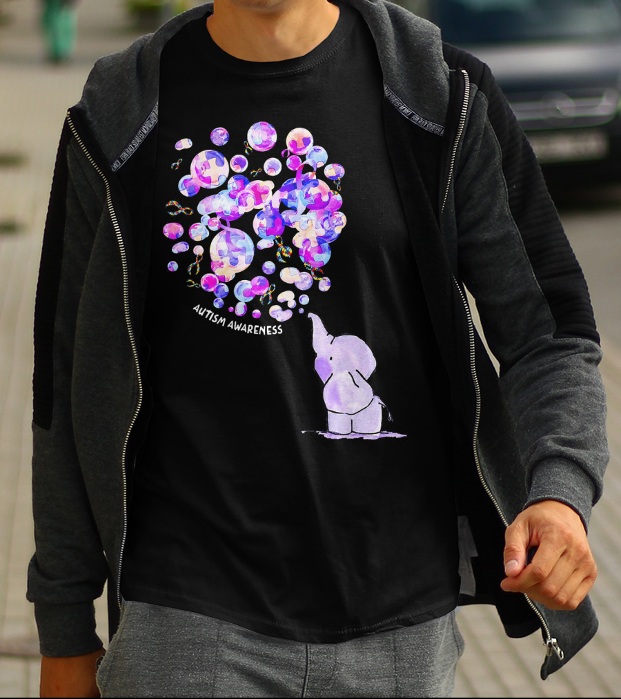 Elephant Blowing Puzzle Pieces Balloons Autism Awareness T-Shirt
