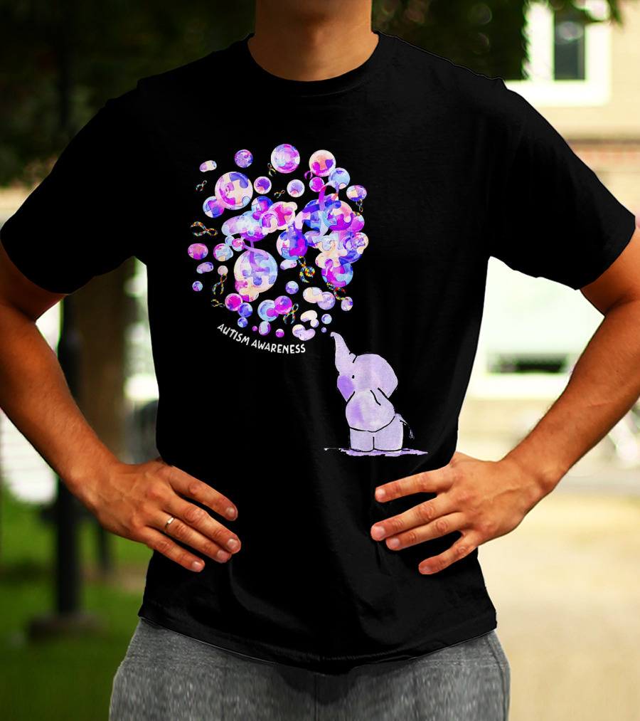 Elephant Blowing Puzzle Pieces Balloons Autism Awareness T-Shirt