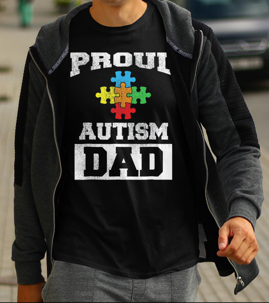 Proud Autism Dad Puzzle Piece Autism Awareness T-Shirt