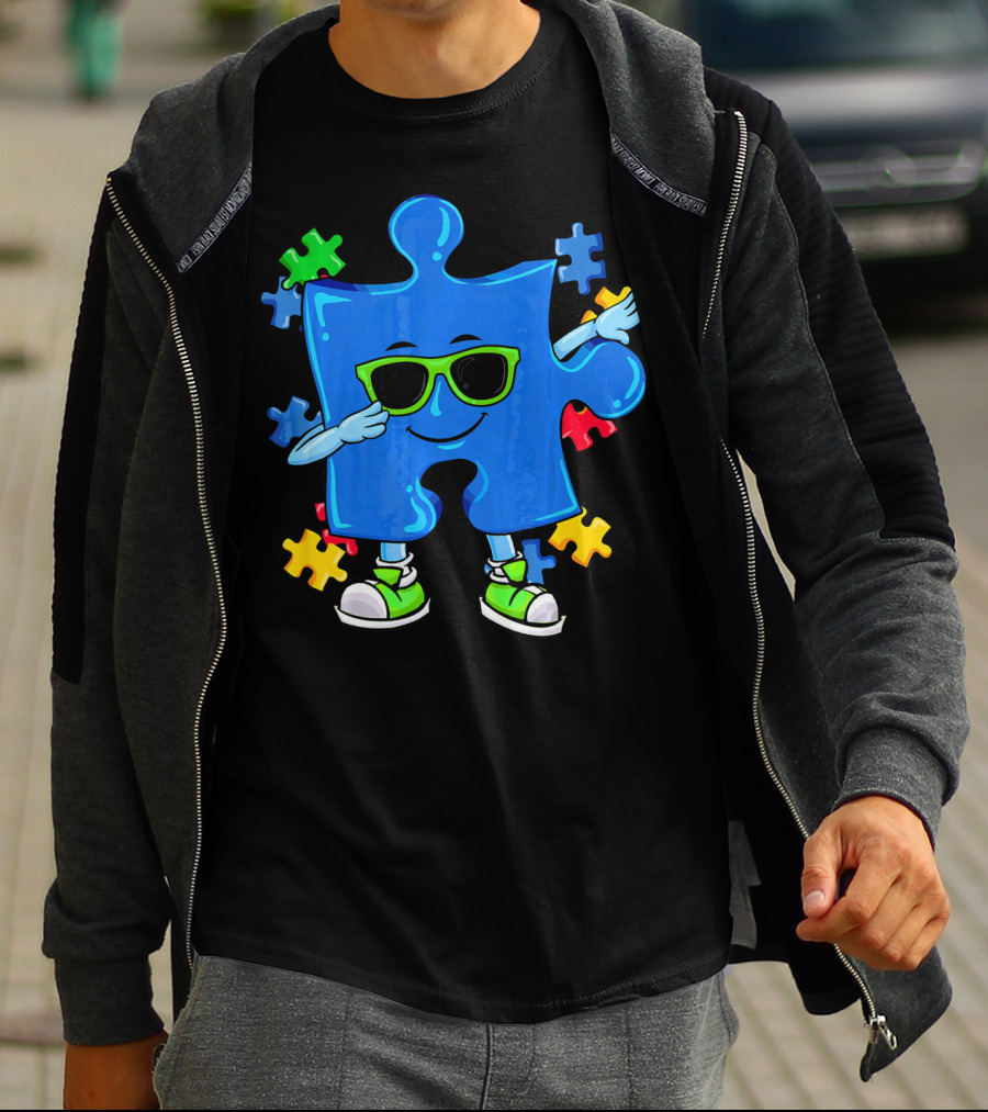 Dabbing Puzzle Piece Cool Sunglasses Autism Awareness T-Shirt