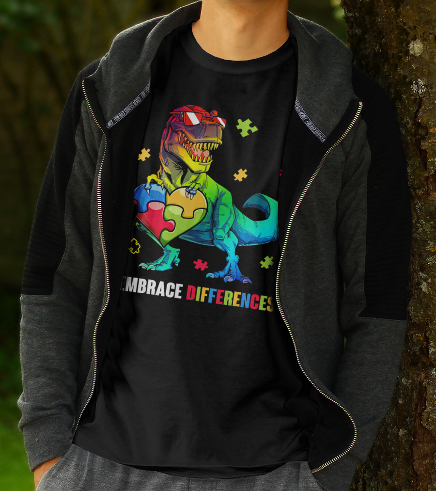 Embrace Differences Dinosaur Holding Heart Puzzle Pieces T-Shirt