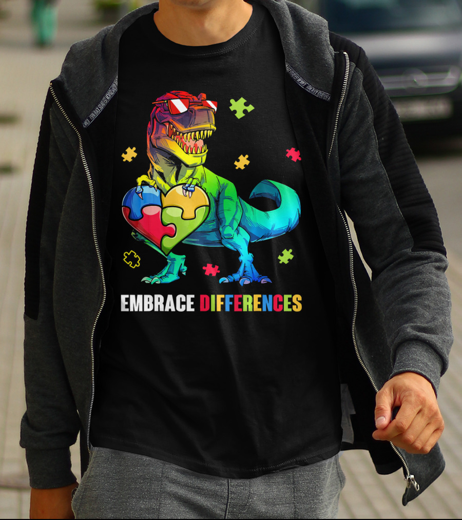 Embrace Differences Dinosaur Holding Heart Puzzle Pieces T-Shirt