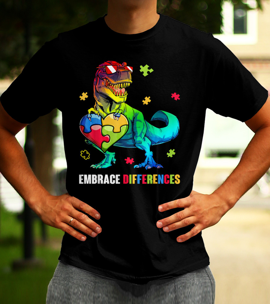 Embrace Differences Dinosaur Holding Heart Puzzle Pieces T-Shirt