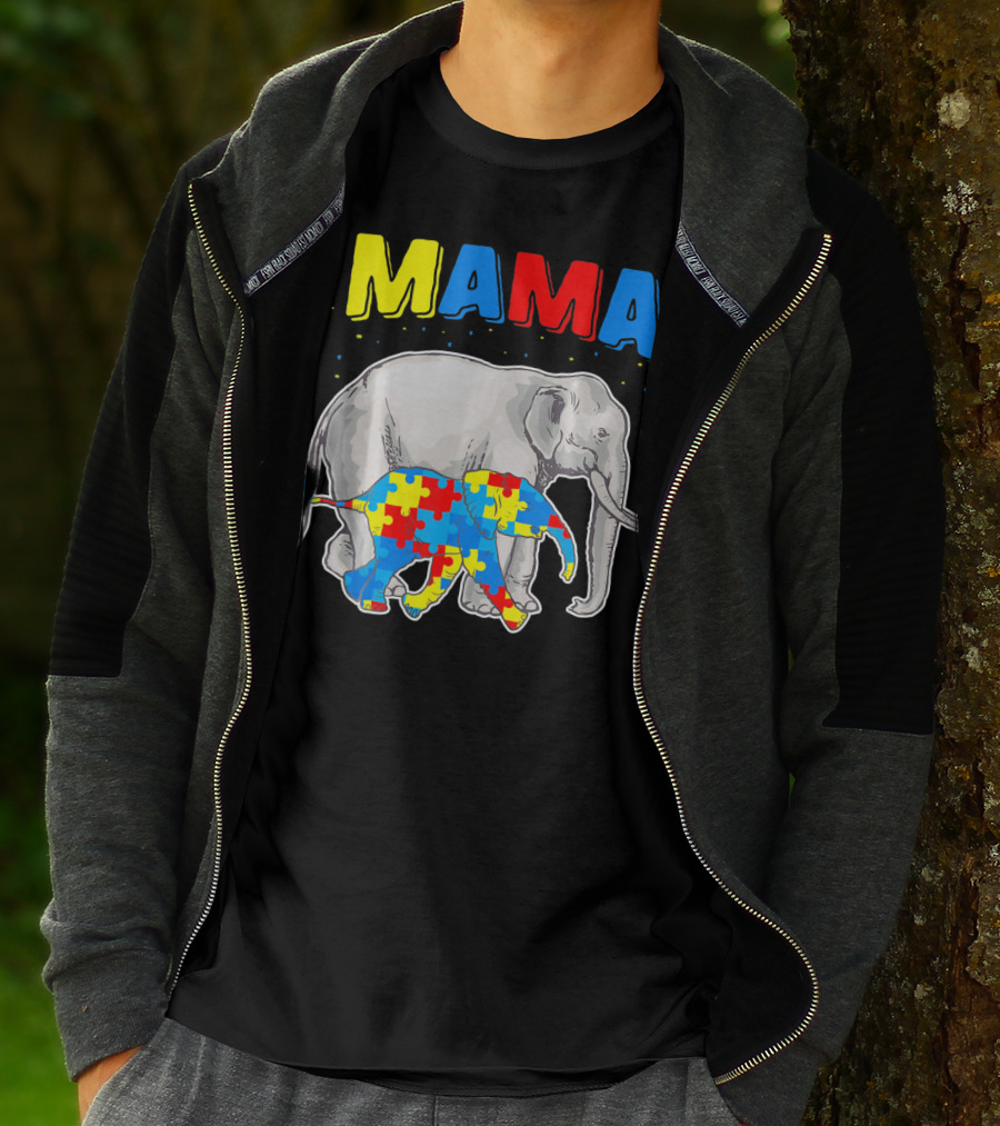 Mama Elephant Puzzle Piece Autism Awareness T-Shirt