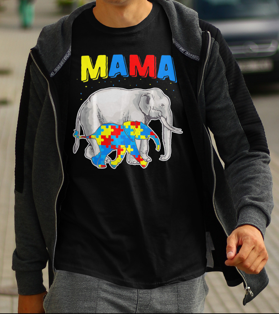 Mama Elephant Puzzle Piece Autism Awareness T-Shirt