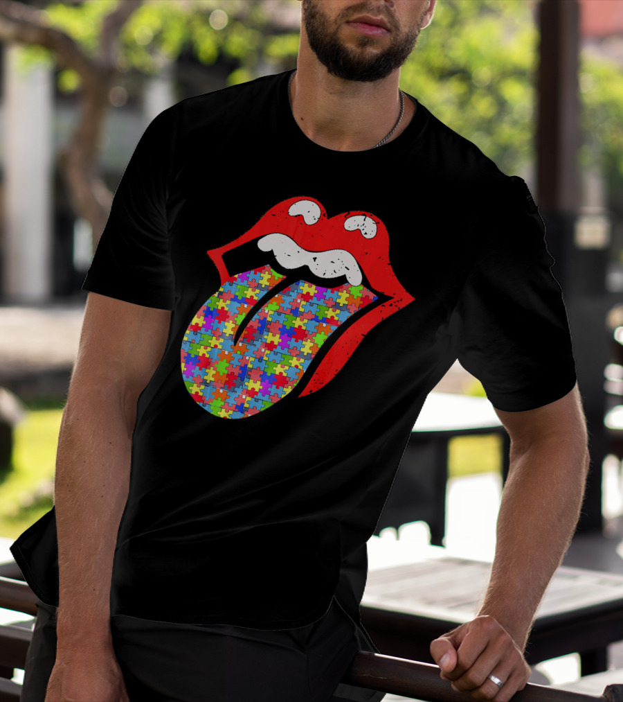 Red Lips Tongue Icon With Colorful Autism Awareness Puzzle Piece T-Shirt