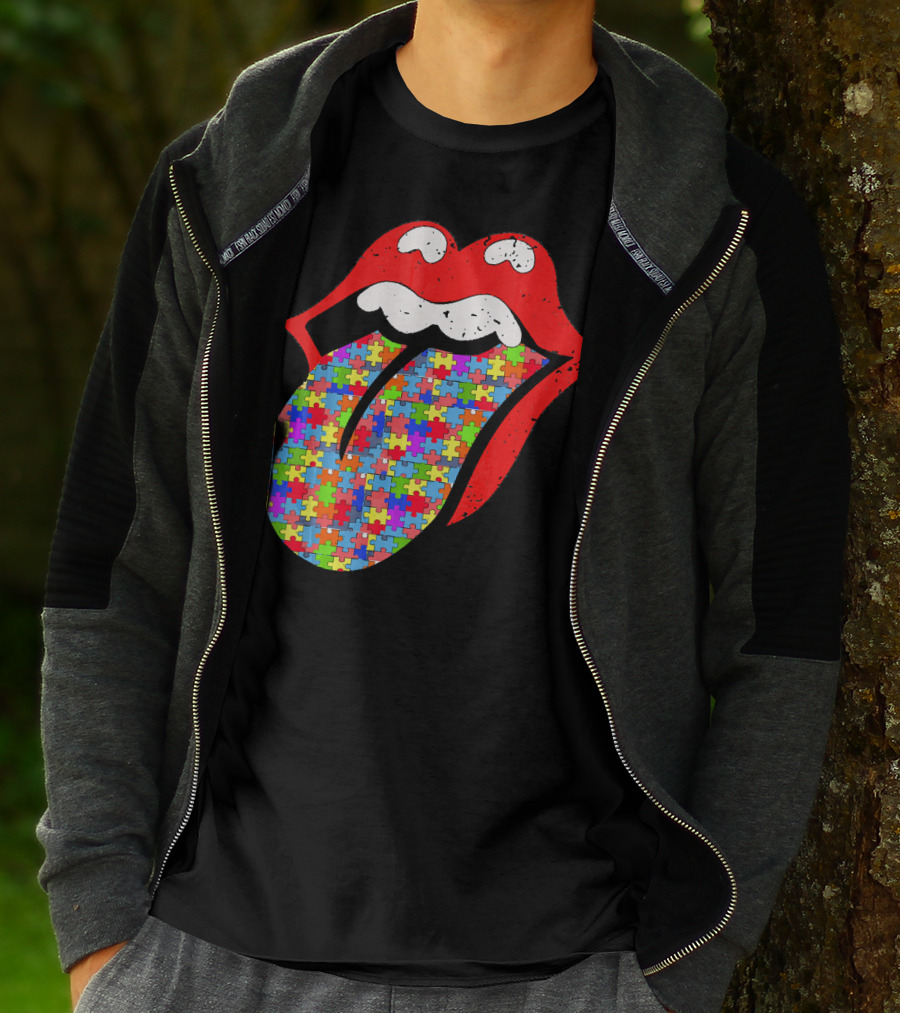 Red Lips Tongue Icon With Colorful Autism Awareness Puzzle Piece T-Shirt