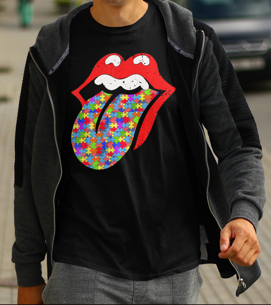 Red Lips Tongue Icon With Colorful Autism Awareness Puzzle Piece T-Shirt