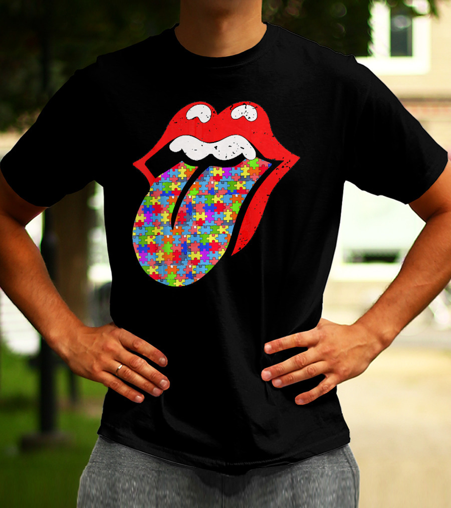 Red Lips Tongue Icon With Colorful Autism Awareness Puzzle Piece T-Shirt