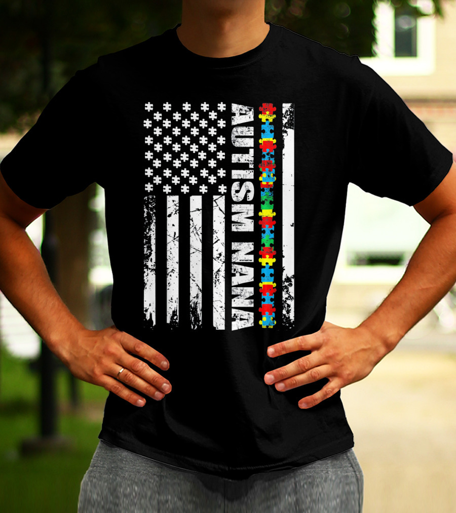 Autism Nana American Flag Puzzle Pieces Autism Awareness T-Shirt