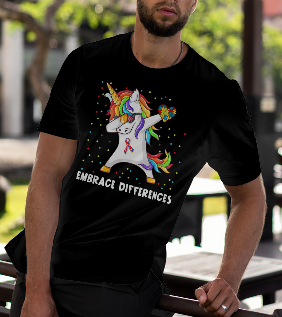 Embrace Differences Rainbow Dabbing Unicorn Puzzle Heart Autism Awareness T-Shirt