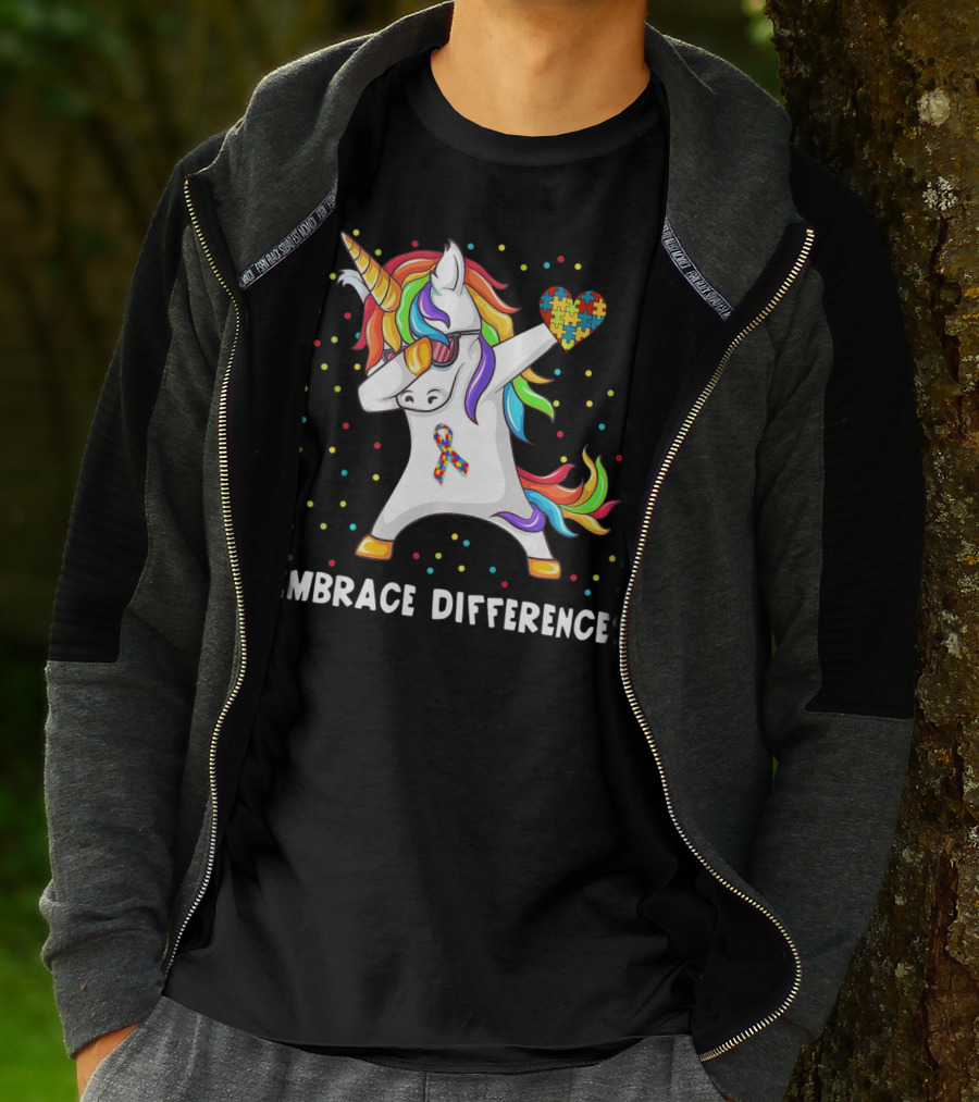 Embrace Differences Rainbow Dabbing Unicorn Puzzle Heart Autism Awareness T-Shirt