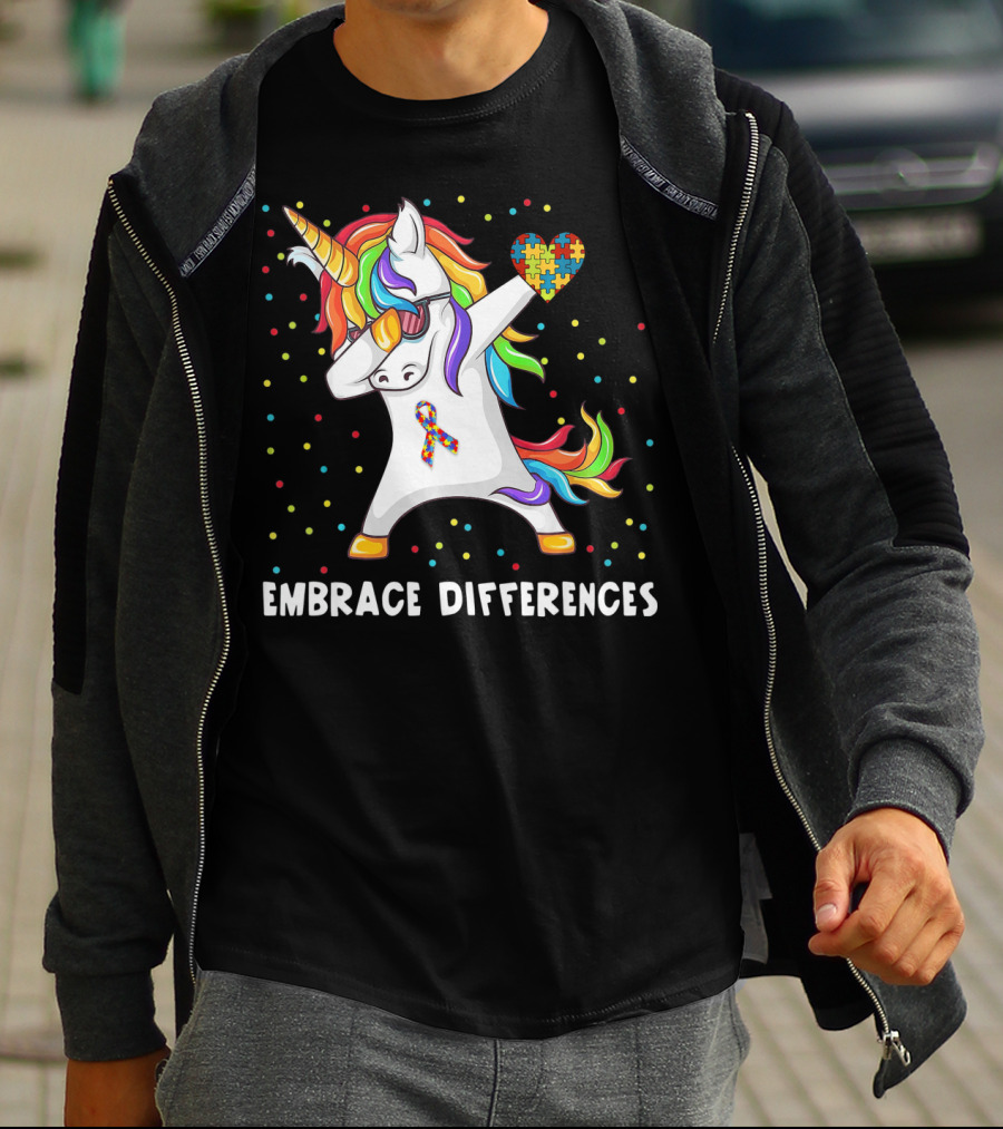 Embrace Differences Rainbow Dabbing Unicorn Puzzle Heart Autism Awareness T-Shirt
